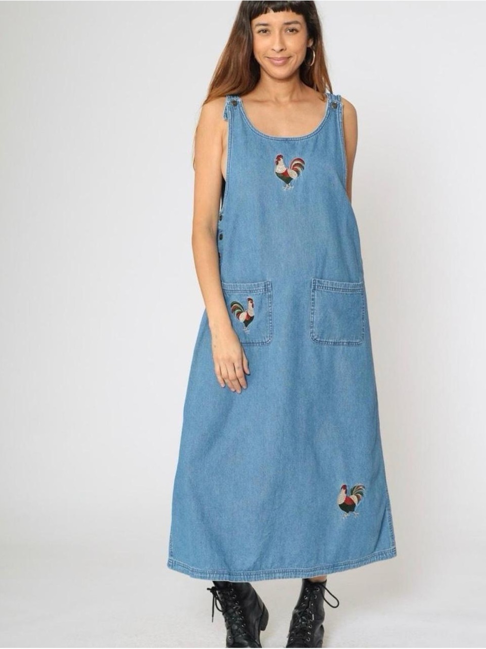 Mandal bay vintage 90s Blue Denim Pinafore Maxi Dress with Rooster Embroidery